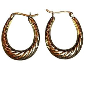 Vintage 10K Gold Plated 925 Sterling‎ Silver Swirled Oval Hoop Earrings